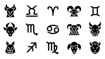Black zodiac sign icon set with twelve astrology horoscope symbols including stylized animal heads and classic glyphs for spiritual and esoteric concepts in a clean vector illustration