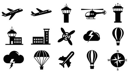 Collection of black air travel icons featuring an airplane, helicopter, airport control tower, propeller, parachute, hot air balloon, storm cloud, and compass symbol