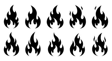 Ten black fire flame silhouette icons set with different shapes for graphic design elements, showing various burning bonfire and campfire symbols in a simple, flat vector style