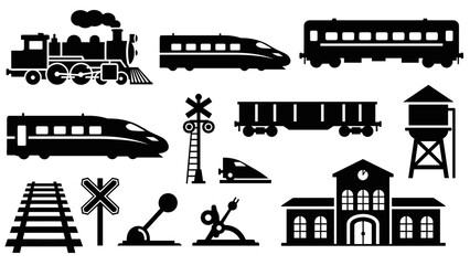 Black train and railway silhouette icon set featuring a vintage steam locomotive, modern bullet train, station, and railroad transportation elements