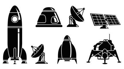 Black silhouette icon set of space technology with a rocket, command module, planetary rover, radio antenna, and solar panel for science and exploration themes