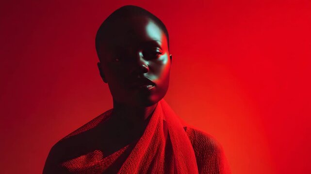 Beautiful black woman posing in red studio light