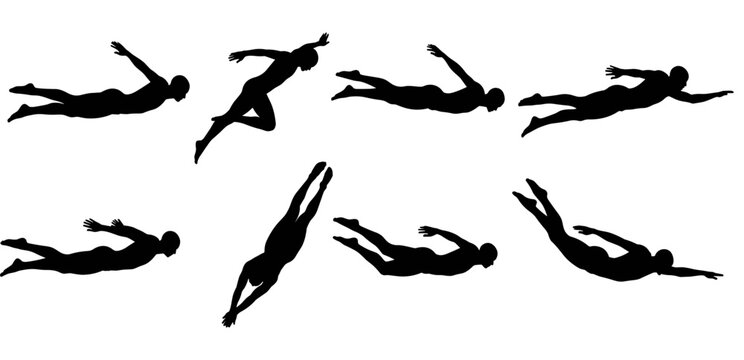 Collection of black swimmer silhouettes in various dynamic poses showing different swimming and diving techniques, presented in a minimalist graphic style for sports and athletic concepts