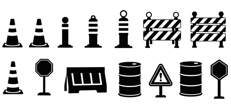 Collection of black road construction safety icons including traffic cones, barriers, bollards, barrels, and warning signs in a clean, minimalist vector graphic illustration style