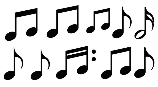 Collection of black musical notes and symbols, including eighth, sixteenth, and beamed notes, arranged in a simple graphic set for music education or composition