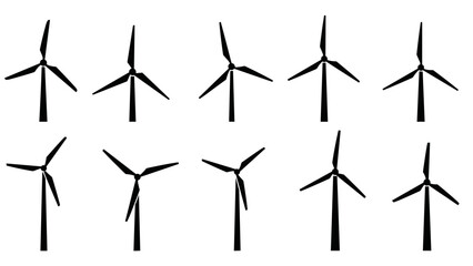 Collection of ten black wind turbine silhouettes in a minimalist graphic icon set symbolizing renewable energy, sustainability, and clean power generation