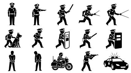 Fototapeta premium Black police officer and law enforcement icon set showing various actions and equipment like a patrol car, motorcycle, riot shield, baton, K9 dog, and a criminal in handcuffs