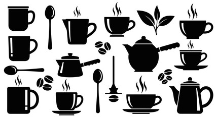 Set of black coffee and tea icons featuring various mugs, cups, teapots, spoons, and beans in a simple graphic silhouette style for beverage and cafe concepts