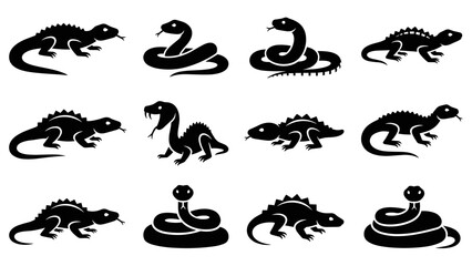 Set of twelve black reptile vector icons showing various stylized snakes and spiky lizards in different poses, presented in a simple, graphic, and minimalist illustrative style