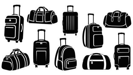 Collection of black luggage silhouettes including rolling suitcases, duffel bags, and backpacks for travel, presented as a simple graphic icon set for tourism and vacation concepts