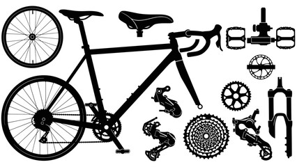 Black silhouette collection of bicycle parts and a complete bike shown in a deconstructed view with individual components like wheels, saddle, pedals, fork, and cassette