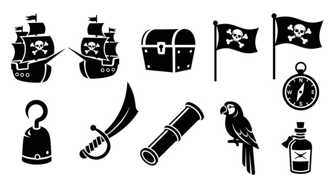 Set of black pirate silhouette icons featuring a ship, Jolly Roger flag, treasure chest, cutlass, hook, spyglass, parrot, and compass in a clean graphic vector style