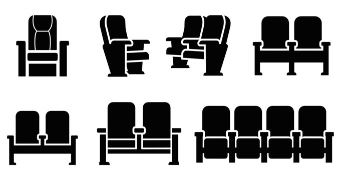 Black cinema theater seat icon collection showing single chairs, pairs, and rows from various front, side, and perspective angles in a simple graphic style for entertainment concepts