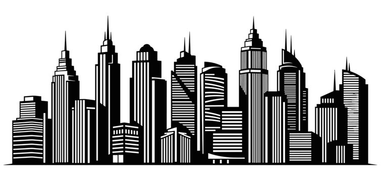 Black and white city skyline illustration featuring a graphic silhouette of modern skyscrapers and tall urban buildings in a minimalist, high-contrast vector art style