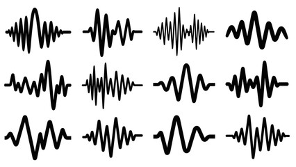 Collection of twelve black sound wave icons showing various audio signals, voice patterns, and music frequencies in a minimalist graphic design illustration set