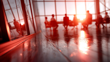 Silhouetted business professionals in a modern office with large windows at sunset reflect collaboration and progress.