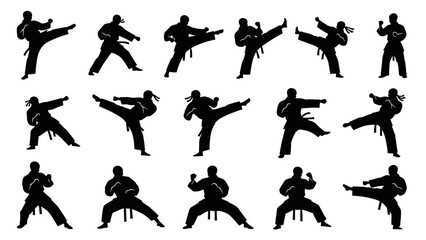 Collection of black martial arts fighter silhouettes in various dynamic kicking, punching, and combat stance poses, presented in a clean graphic illustration style