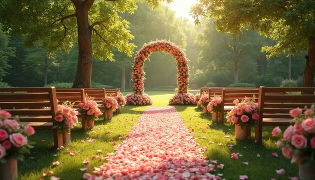 Outdoor wedding ceremony setup in green park. Wooden benches line a petal strewn aisle leading to floral archway. Soft sunlight filters through trees creating romantic ambiance. - Powered by Adobe