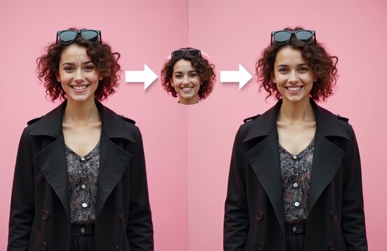 Woman face digitally altered with AI technology. A facial swap process changes likeness seamlessly. Digital manipulation of portraiture for creative purposes. - Powered by Adobe