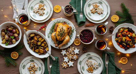 Festive dinner table with roasted chicken and various side dishes during holiday season at home
