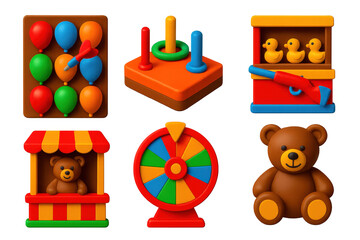 3D Carnival Game Icons. 3D icon set of carnival games: dart balloons, ring toss, shooting gallery, prize booth, spinning wheel,
