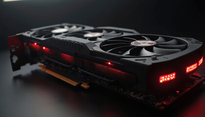 Closeup shot of powerful computer graphics card with dual fans, red LED lights. High-performance component sits on dark surface, ideal for tech reviews, gaming setups. Signifies cutting-edge digital