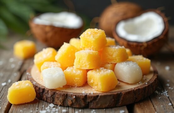 Sweet cocada candies made from coconut piled on a wooden plate. Halved coconuts sit in background, creating tropical feel. White and yellow candies sprinkled with sugar look appetizing and tasty.