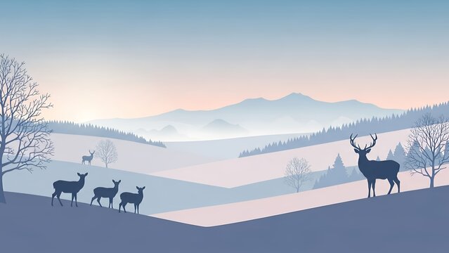 Silhouette of deer herd in misty winter landscape at sunrise or sunset