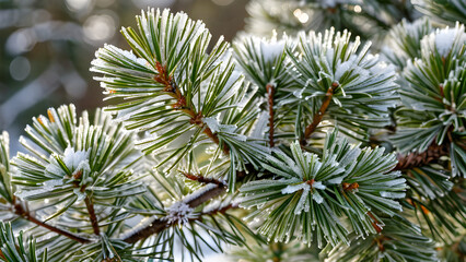 Winter Wonderland: Frosted Pine Branch Glistening in Soft Morning Light