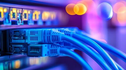 Modern network server with blue cables for data communication and cyber security in a vibrant, professional data center setting