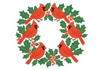 Red cardinals forming a festive holly wreath, sharing a cheerful winter greeting illustration with transparent background