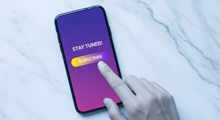 Subscribing and Digital Marketing Concept. Top View of person using Smartphone to making Subscribe on a Favorite Channel. Media Content Strategy