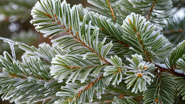 Frosted Pine Branch & Ice Crystals Glistening in Soft Morning Light - Powered by Adobe