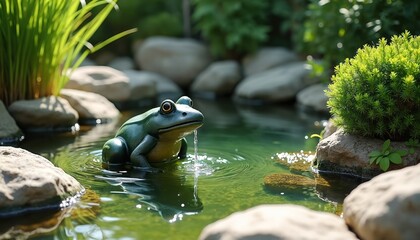 Green frog fountain spits water into clear garden pond. Stone edges, green plants surround tranquil water feature. Sunlight reflects on rippling surface, creating peaceful scene. Backyard landscaping