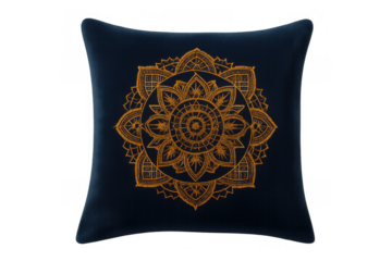Decorative throw pillow showcasing a golden mandala pattern on navy blue fabric, bohemian and spiritual home decor element