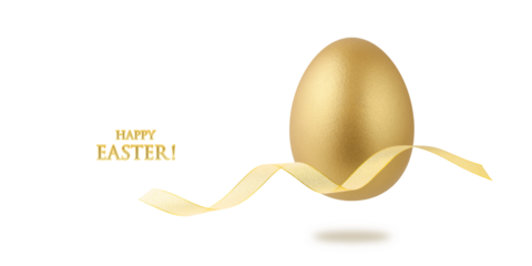 Painted in gold natural easter chicken egg with golden gift ribbon flying isolated on white background. One golden festive egg closeup.
