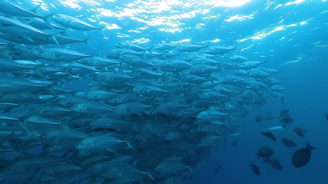 Medium shot of a school of jacks moving forward just beneath the surface in the Sea of Cortez, Baja California, Mexico, creating smooth synchronized motion. Check my portfolio for more schooling-fish 