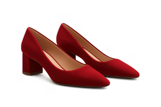 Elegant red suede block heel pump shoes for women on transparent background, showcasing fashionable footwear - Powered by Adobe