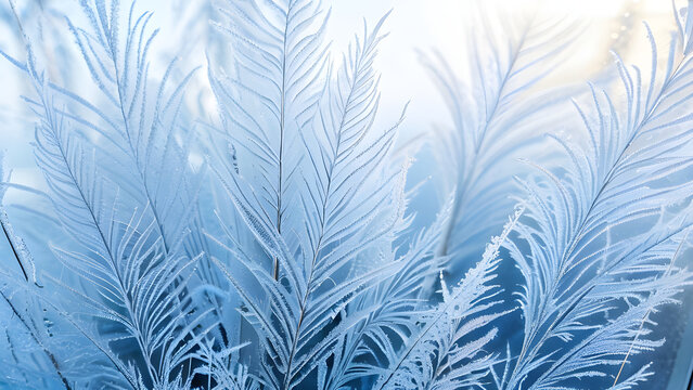 Delicate Blue-White Frost Patterns on Window Pane - Winter Ice Crystals Close-up