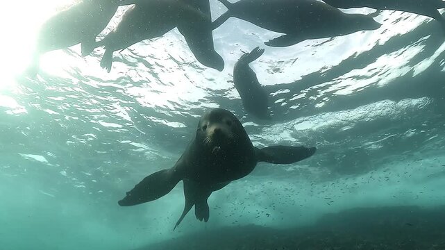 A California sea lion swims toward the camera and releases a burst of bubbles in the Sea of Cortez, Baja California, Mexico, showing playful and curious marine behavior. 