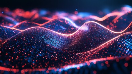 Dynamic neon wave pulsating with energy, perfect for modern tech designs and futuristic backgrounds with vibrant red and blue hues