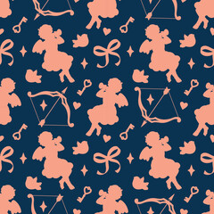 A playful seamless pattern featuring cheerful Cupid silhouettes and bows. A lighthearted and romantic vector background for love-themed designs