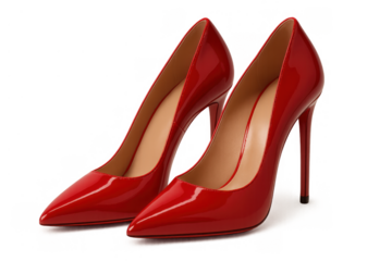 Pair of glossy red patent leather high heels symbolizing luxury, fashion, elegance, and femininity on a transparent background