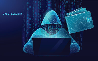 Cyber Security Hacker. Low Poly Silhouette and Crypto Wallet Vector