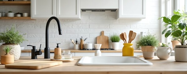 Bright white modern kitchen interior features light wood countertop, sleek black faucet, sink. Various green house plants decorate shelves, table. Room white brick wall, natural wood details.