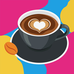 Coffee cup with heart latte art on colorful background