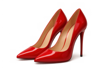 Red patent leather high heels standing on transparent background, reflecting elegant fashion and classic style footwear