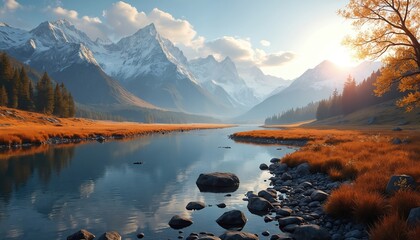 Snowy mountains loom over calm river winding through golden valley. Autumn grass covers riverbanks, rocky shore. Tall pine trees line serene natural landscape. Bright sun shines at sunset sunrise