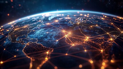 Global connectivity with glowing network lines over Earth, symbolizing international business, data transfer, and worldwide communication solutions today