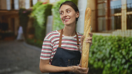 Woman holding baguette on street outside bakery wearing apron and plastic gloves while smiling at camera; friendly service.